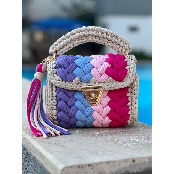 Women's Multi Handmade Crochet Evening Small Clutch Formal Flap Crossbody Bag - Picture 5 of 5